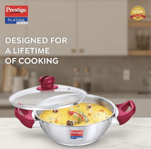 Prestige Platina Popular Stainless Steel Gas and Induction Compatible Kadhai with Glass Lid, 24 cm, Silver - Image 2